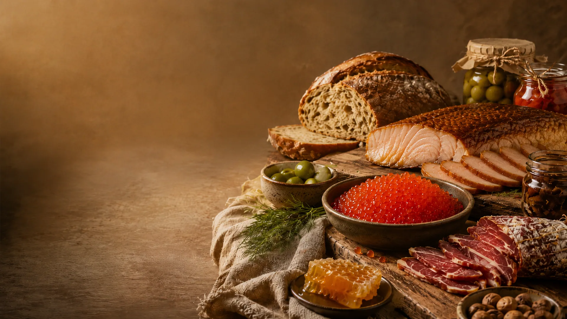 Хлеб с копчёной рыбой, икрой, мёдом и фермерскими колбасами
